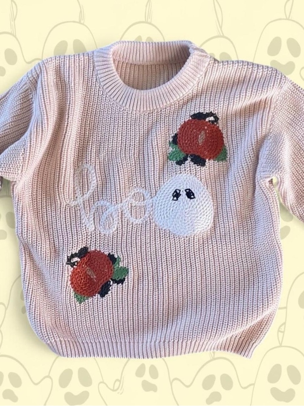 Girls' Light Pink Knit Sweater with Apple & Ghost Embroidery